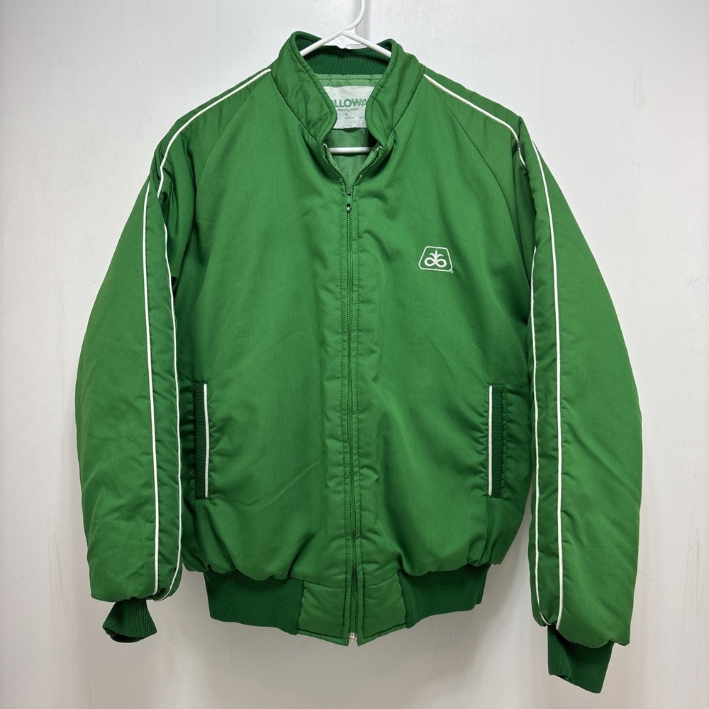 VTG Holloway Green Pioneer Seed Pinstripe Puffer Nylon‎ Jacket Mens Size M USA